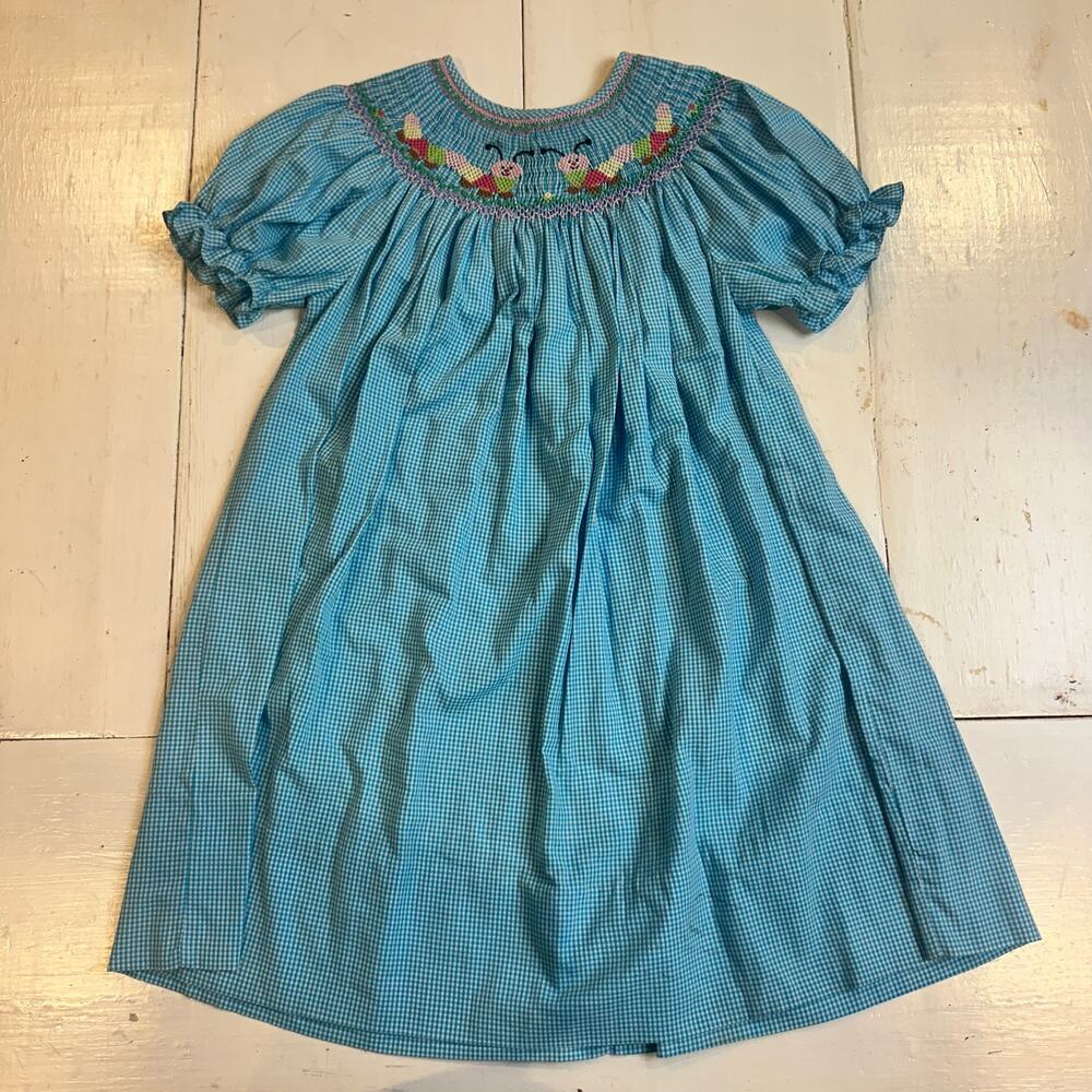 Rosalina Collection Vintage Girls Blue Gingham Smocked Embroidered Dress